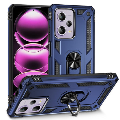 Shockproof phone case with built-in holder and rugged bumper, blue