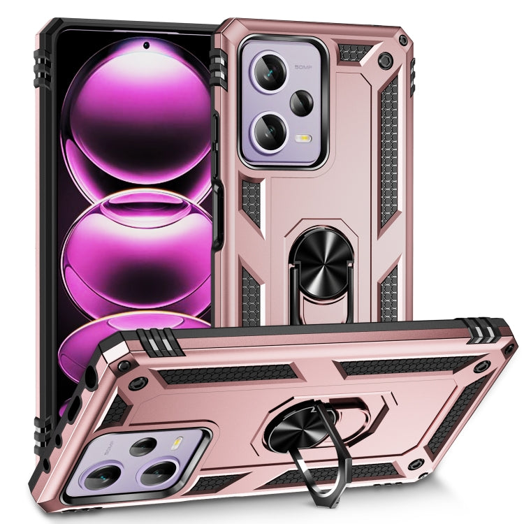 Shockproof phone case with built-in holder and rugged bumper, rose gold