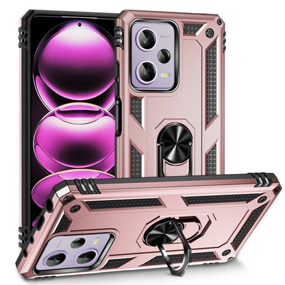 Shockproof phone case with built-in holder and rugged bumper, rose gold
