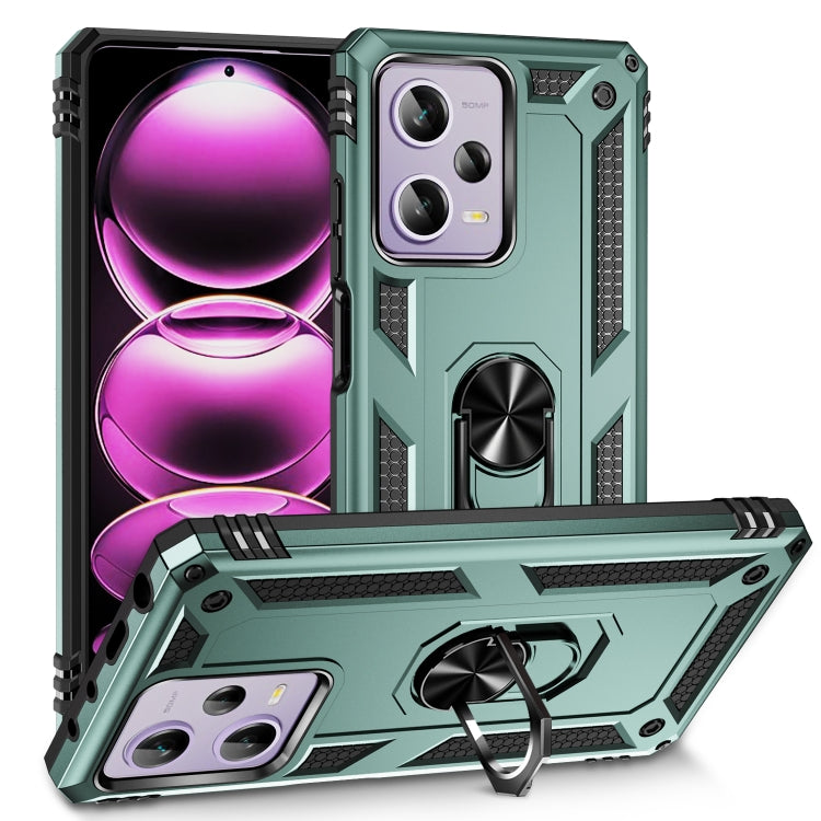 Shockproof phone case with built-in holder and rugged bumper, green