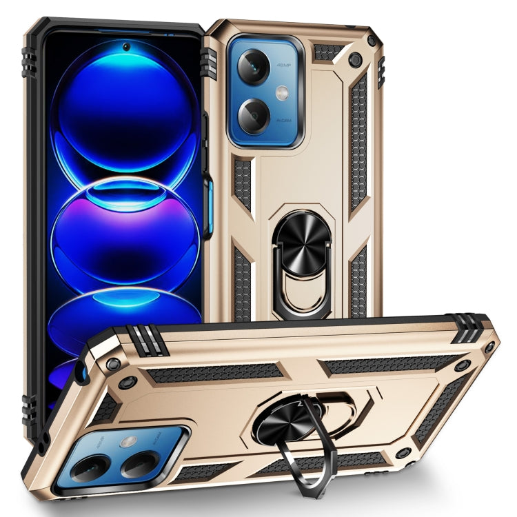 Shockproof phone case with holder, beige rugged TPU+PC shell with ring stand