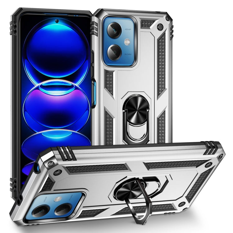 Shockproof phone case with holder, silver/white rugged TPU+PC shell with ring stand