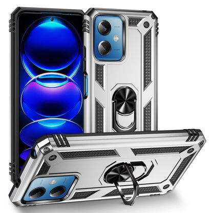 Shockproof phone case with holder, silver/white rugged TPU+PC shell with ring stand