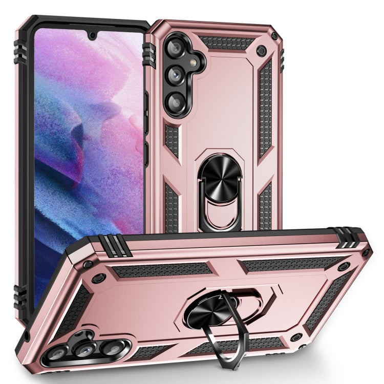 Shockproof phone case with built-in holder, rose gold with black accents