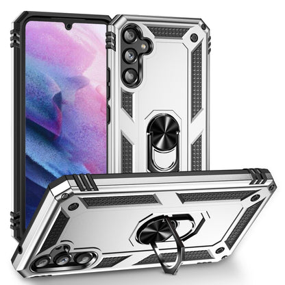 Shockproof phone case with built-in holder, silver with black accents