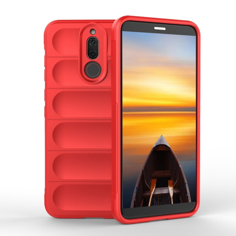Red TPU phone case with raised edges, camera cutout, and rugged grip texture.