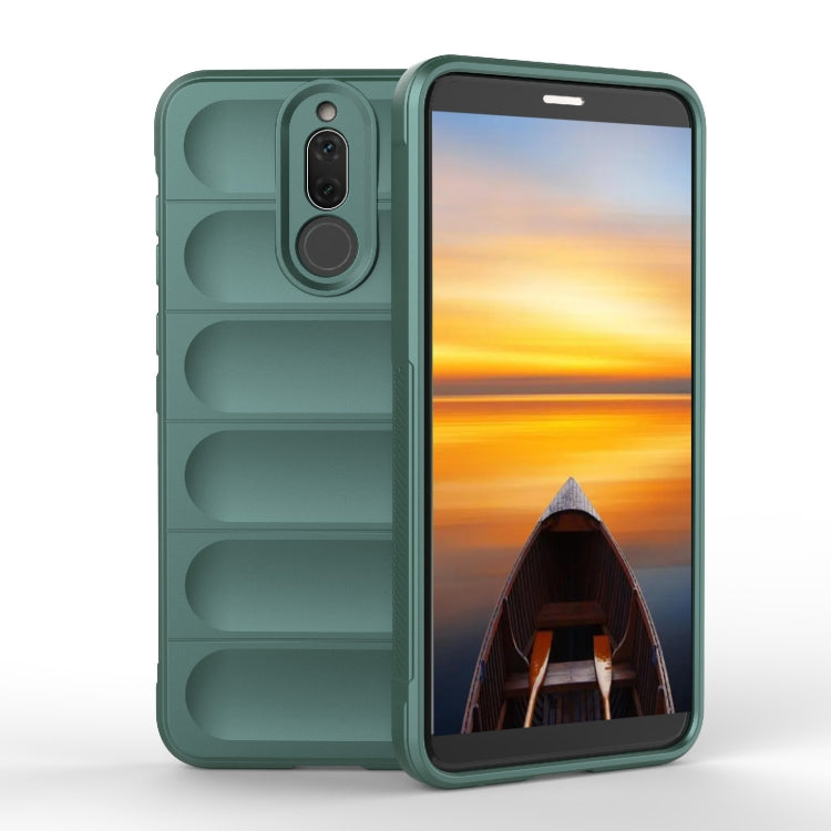 Dark green TPU phone case with raised edges, camera cutout, and rugged grip texture.