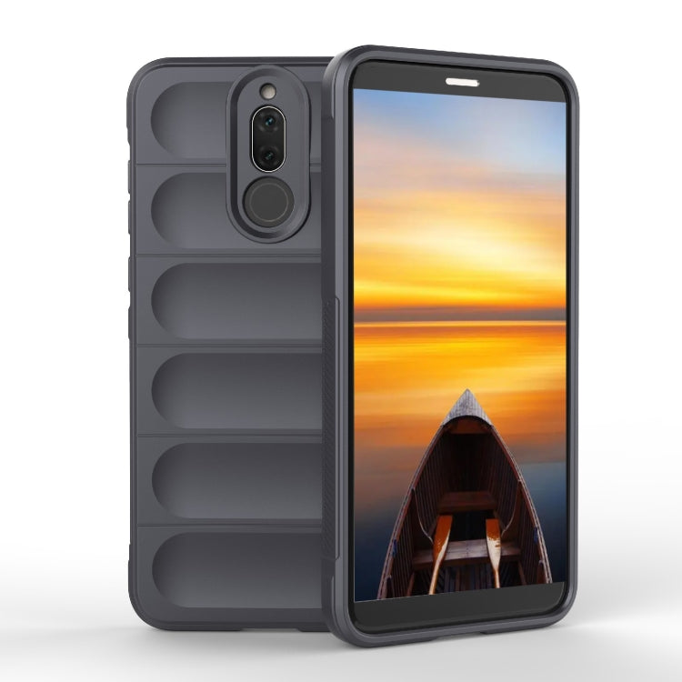Dark grey TPU phone case with raised edges, camera cutout, and rugged grip texture.
