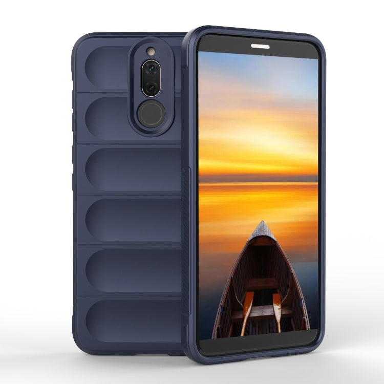 Dark blue TPU phone case with raised edges, camera cutout, and rugged grip texture.