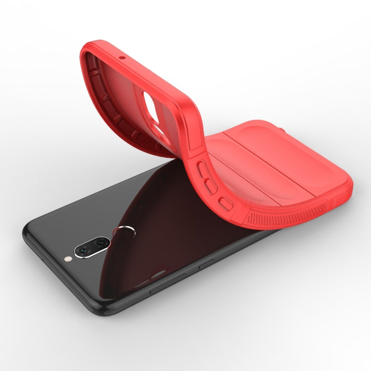 Red TPU flannel phone case with flip cover, hinged for easy access