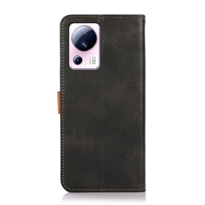 Black flip leather phone case with camera cutout and stitched trim