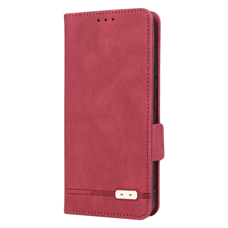 Red flip leather phone case with magnetic clasp closure and stitched edge