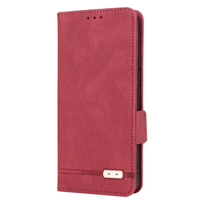 Red flip leather phone case with magnetic clasp closure and stitched edge
