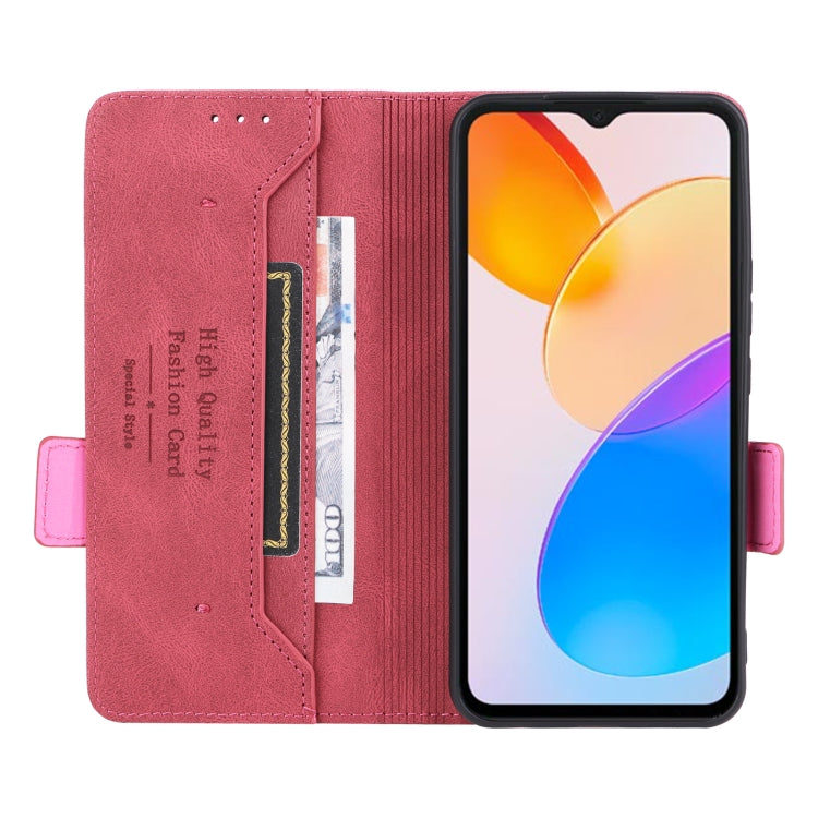 Red flip leather phone case opened, showing card slots and phone screen cutout