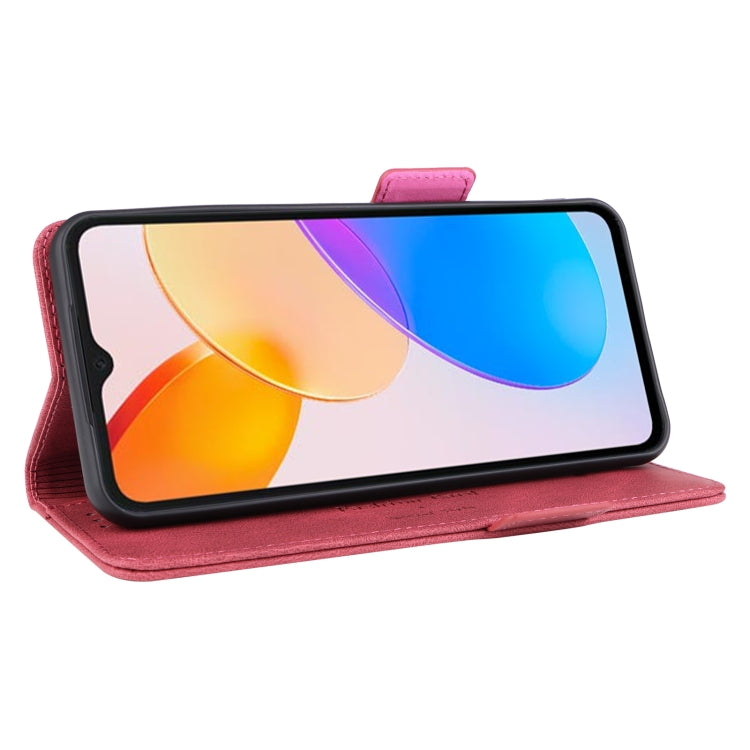 Red flip leather phone case in viewing mode with magnetic clasp