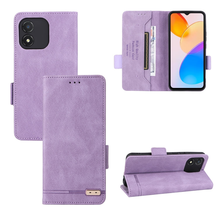 Magnetic clasp flip leather phone case in purple with card slots and camera cutout