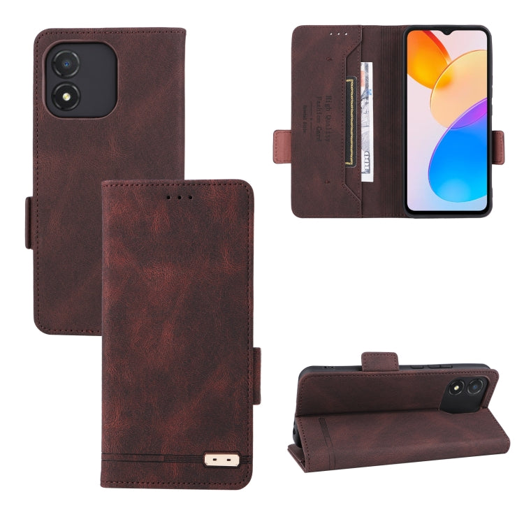 Brown magnetic clasp flip leather phone case with card slots and fold-over wallet cover.