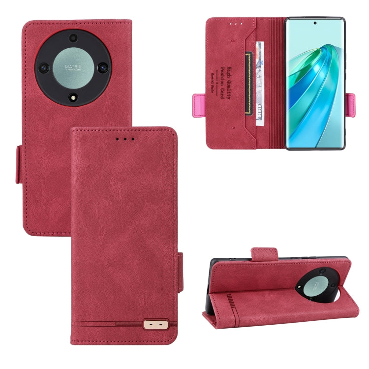 Red magnetic clasp flip leather phone case with camera cutout and card holder
