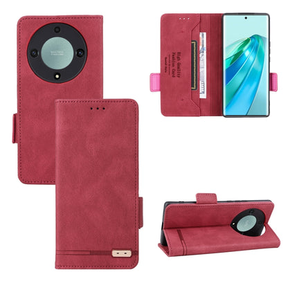 Red magnetic clasp flip leather phone case with camera cutout and card holder