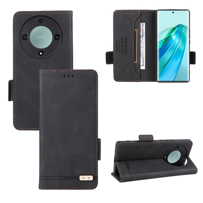 Magnetic clasp flip leather phone case in dark brown/black with card slots and stand