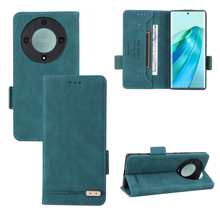 Teal magnetic clasp flip leather phone case with card slots and fold-over cover.