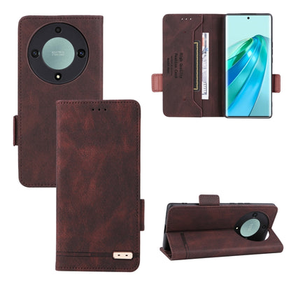 Brown flip leather phone case with magnetic clasp and inner card pocket, shown open.