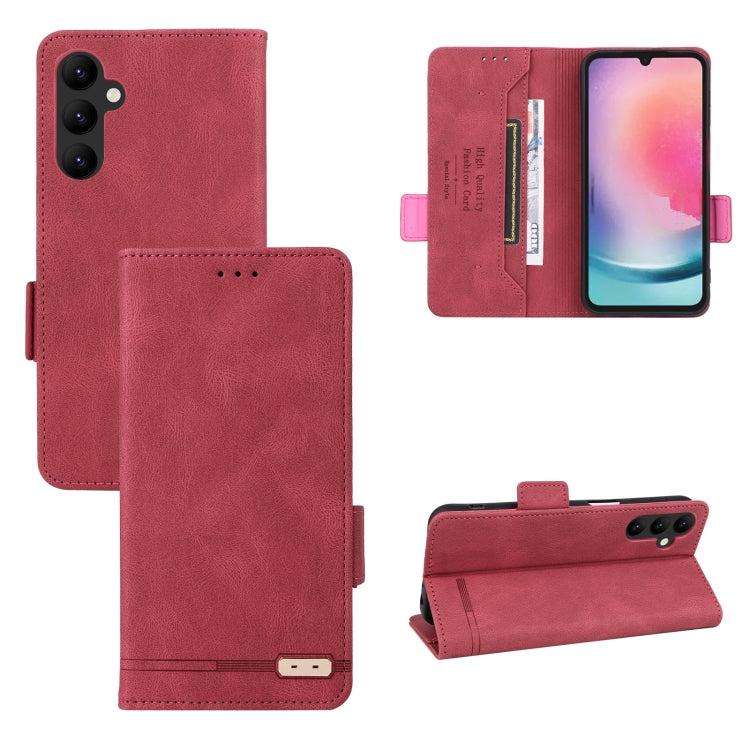 Red leather phone case front and back views, magnetic clasp and card slots
