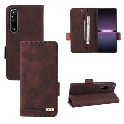 Brown flip leather phone case with magnetic clasp, card slot, and open stand view.