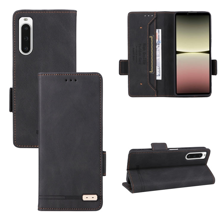Magnetic clasp flip leather phone case in dark brown/black with wallet pocket and stand