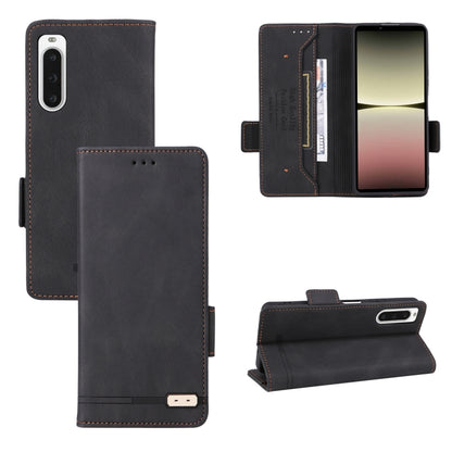Magnetic clasp flip leather phone case in dark brown/black with wallet pocket and stand