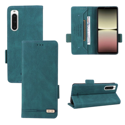 Teal flip leather phone case with magnetic clasp, card slot, and top camera opening.