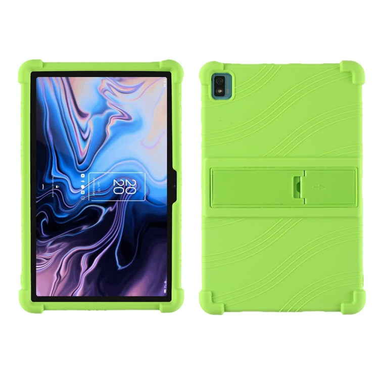 Green silicone tablet protective case with fold-out stand and camera cutout
