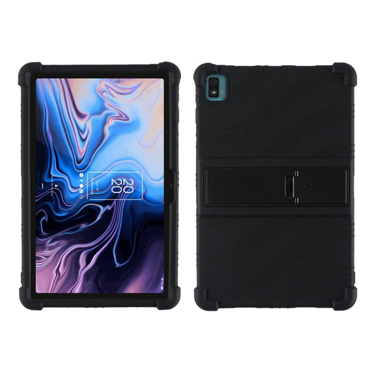 Black silicone tablet protective case with fold-out stand and camera cutout