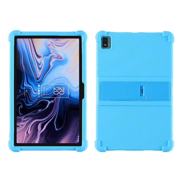 Light blue silicone tablet protective case with fold-out stand and camera cutout