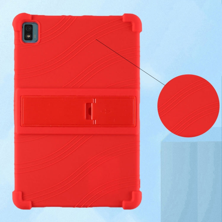 Red silicone tablet case with stand bracket, cutouts for camera and ports