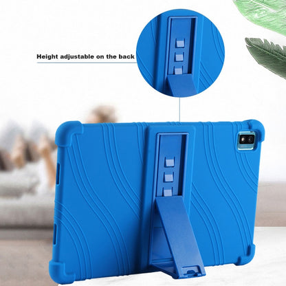Blue silicone tablet case with height-adjustable stand, cutouts for camera and ports