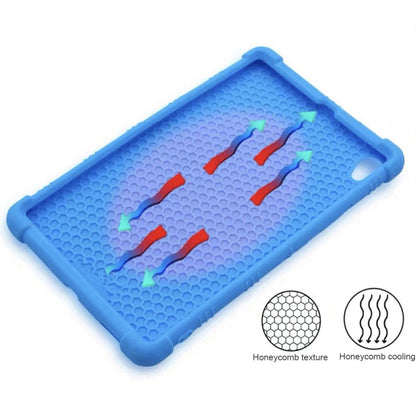 Blue silicone tablet case with honeycomb textured cooling surface and back cutouts