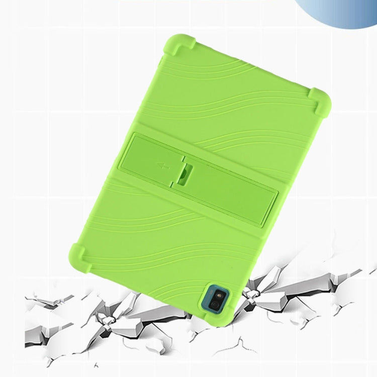 Green silicone tablet case with built-in stand bracket, camera and port openings