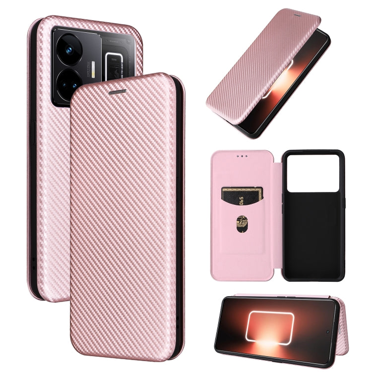 Pink flip phone case with carbon-fiber texture, card slots, and magnetic closure