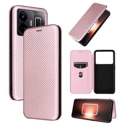 Pink flip phone case with carbon-fiber texture, card slots, and magnetic closure