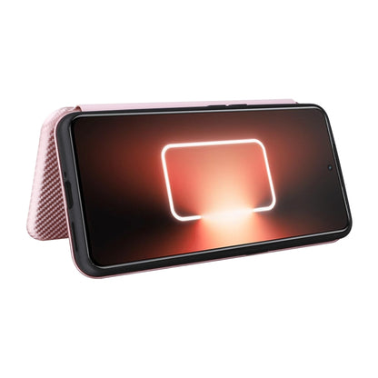 Pink flip phone case in closed position, carbon-fiber texture exterior