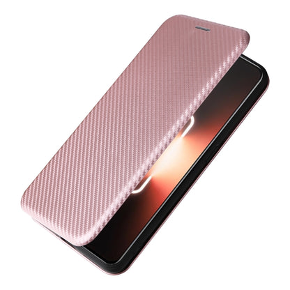 Pink carbon-fiber texture flip case viewed from the side, with protective lip
