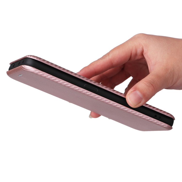 Pink flip phone case showing slim profile and carbon-fiber textured surface