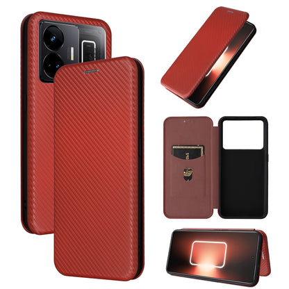 Red flip phone case with carbon fiber texture, open front and back view.