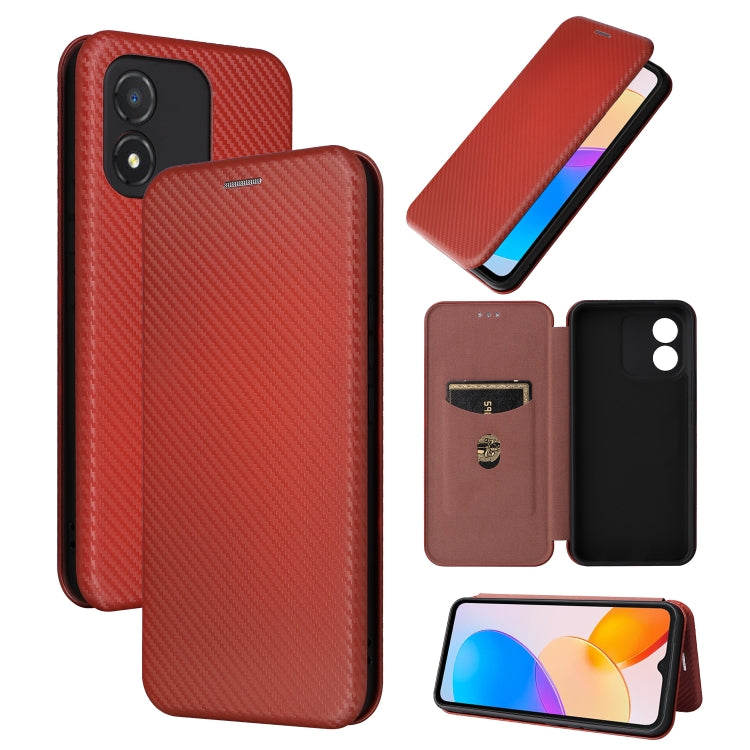Red flip phone case with carbon fiber texture, close view of card holder.
