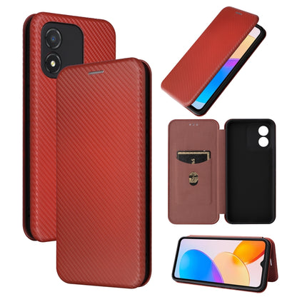 Red flip phone case with carbon fiber texture, close view of card holder.