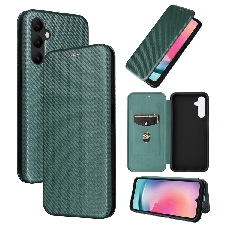 Green flip phone case with carbon fiber texture, shown open and closed.