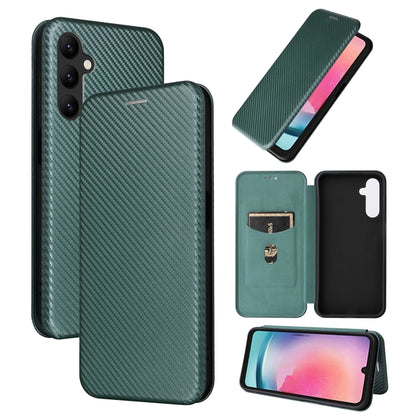 Green flip phone case with carbon fiber texture, shown open and closed.