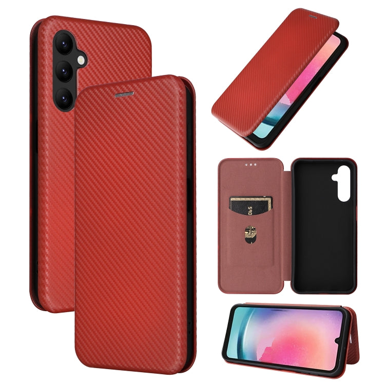 Red flip phone case with carbon fiber texture, open wallet-style cover.