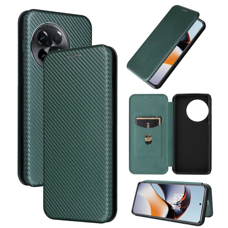 Green flip phone case with carbon fiber texture, front and side shown.